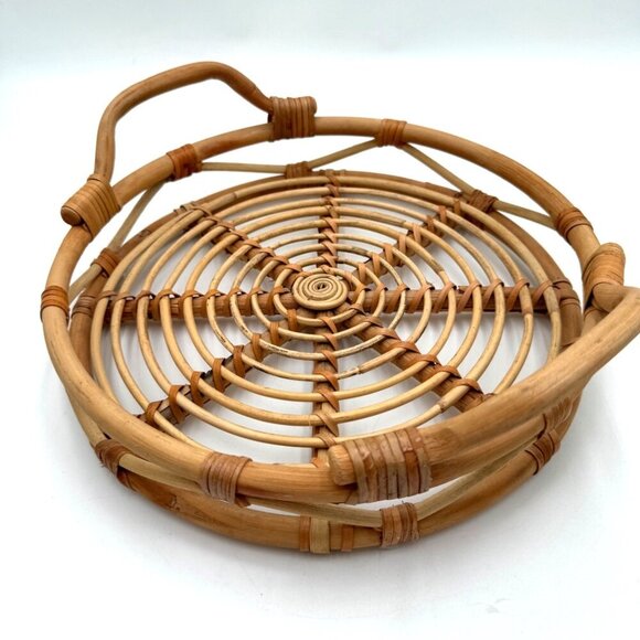 BOHO CHIC 12” WIDE RATTAN ROUND SERVING TRAY BASKET WITH HANDLES - Picture 4 of 9